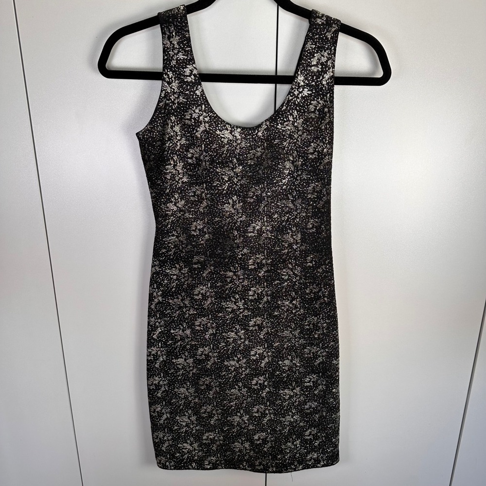VTG 90s Steppin' Out Womens Sm Mini Dress Black Silver Sparkle Bodycon Y2K